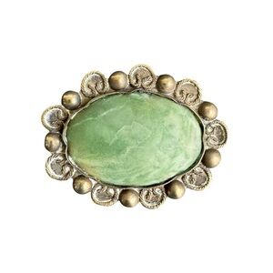 Vintage Early Taxco Brooch Green Stone Brass Ornate Setting Pin Pendant Mexico